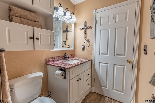 bathroom featuring vanity, wood-type flooring, and toilet