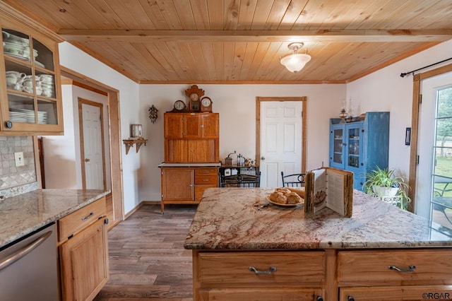 kitchen with wood ceiling, dishwasher, dark hardwood / wood-style floors, light stone countertops, and decorative backsplash