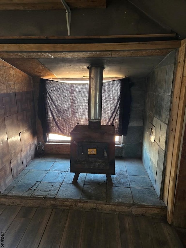 basement with a wood stove