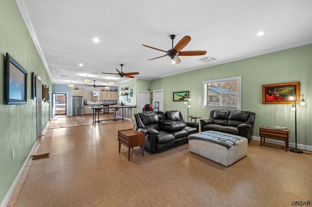 living room with crown molding