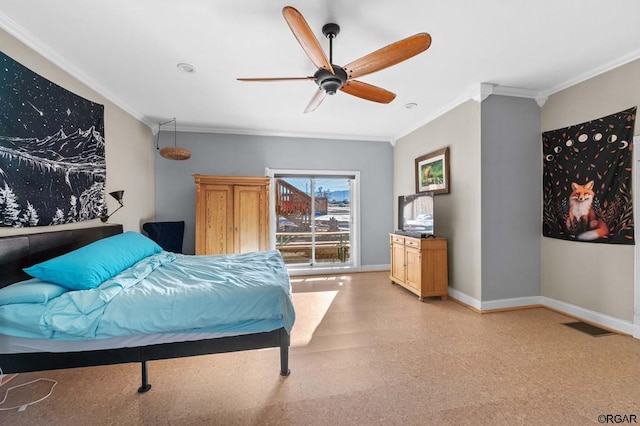 bedroom featuring ornamental molding and ceiling fan