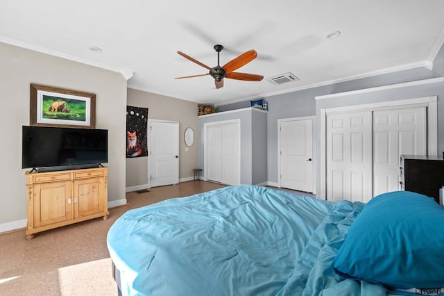 bedroom with crown molding and ceiling fan