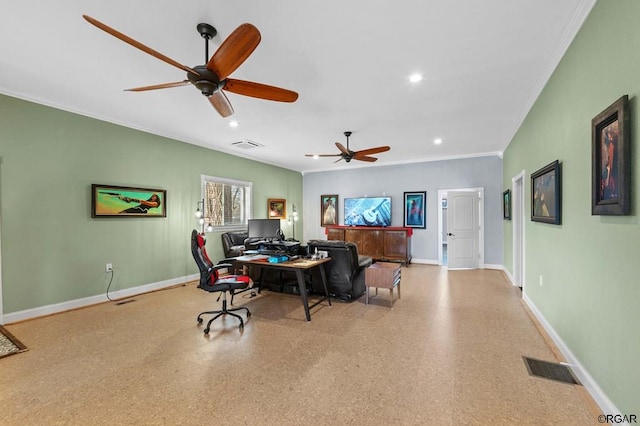 interior space featuring ceiling fan and ornamental molding