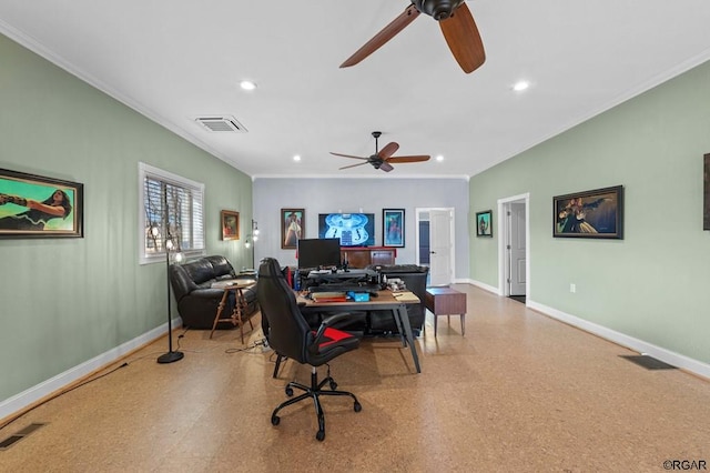 office with crown molding and ceiling fan