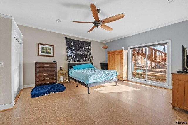 bedroom with crown molding, access to exterior, and ceiling fan