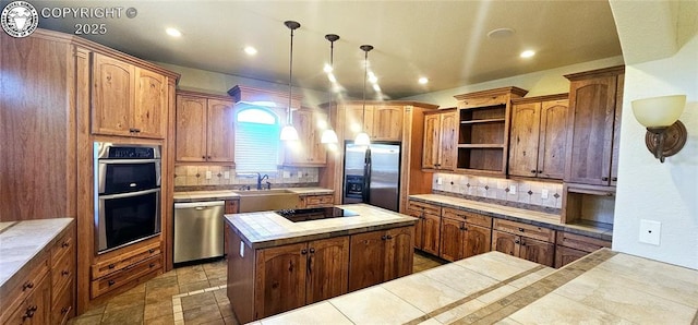 kitchen featuring tasteful backsplash, a kitchen island, appliances with stainless steel finishes, and open shelves