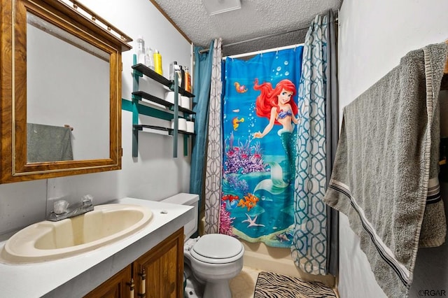 bathroom featuring tile patterned flooring, vanity, a textured ceiling, curtained shower, and toilet