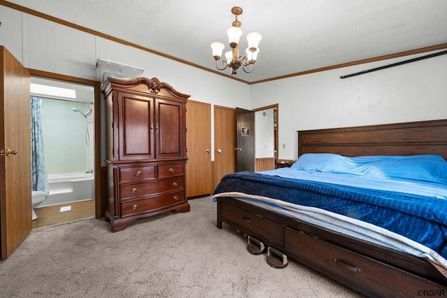 carpeted bedroom with ornamental molding and a chandelier