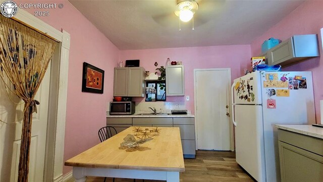 1318 Spruce St, Pueblo, CO 81004 - kitchen with stainless steel microwave, freestanding refrigerator, light wood-type flooring, light countertops, and ceiling fan
