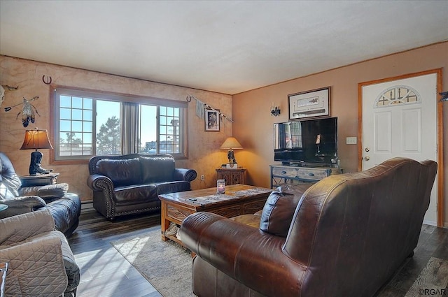 living room with dark hardwood / wood-style flooring