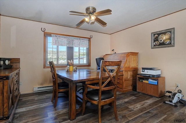 dining room with ceiling fan, a baseboard radiator, and dark hardwood / wood-style floors