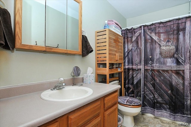 bathroom featuring vanity, a shower with curtain, and toilet