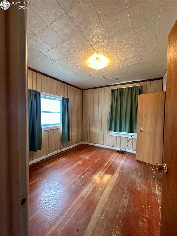 spare room featuring hardwood / wood-style floors and wood walls