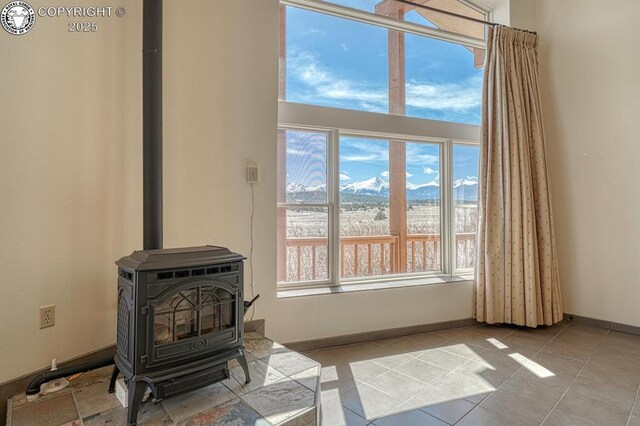 750 Roundup Rd, Westcliffe, CO 81252 - details with a wood stove and a mountain view
