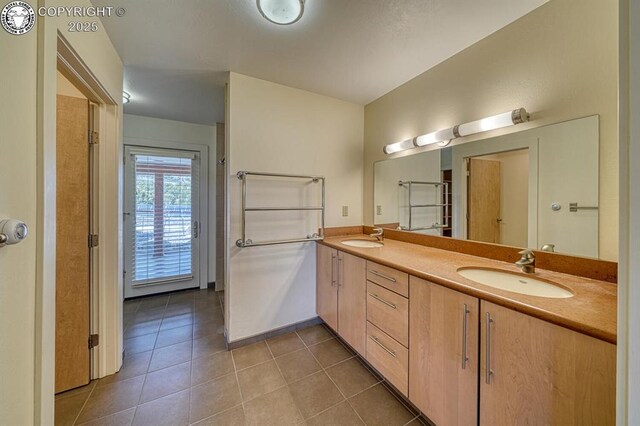 750 Roundup Rd, Westcliffe, CO 81252 - bathroom featuring tile patterned floors, double vanity, a sink, and baseboards
