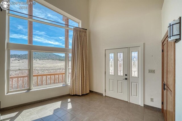 750 Roundup Rd, Westcliffe, CO 81252 - foyer with tile patterned floors, a towering ceiling, and baseboards