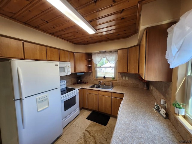 kitchen featuring tasteful backsplash, sink, white appliances, and wood ceiling