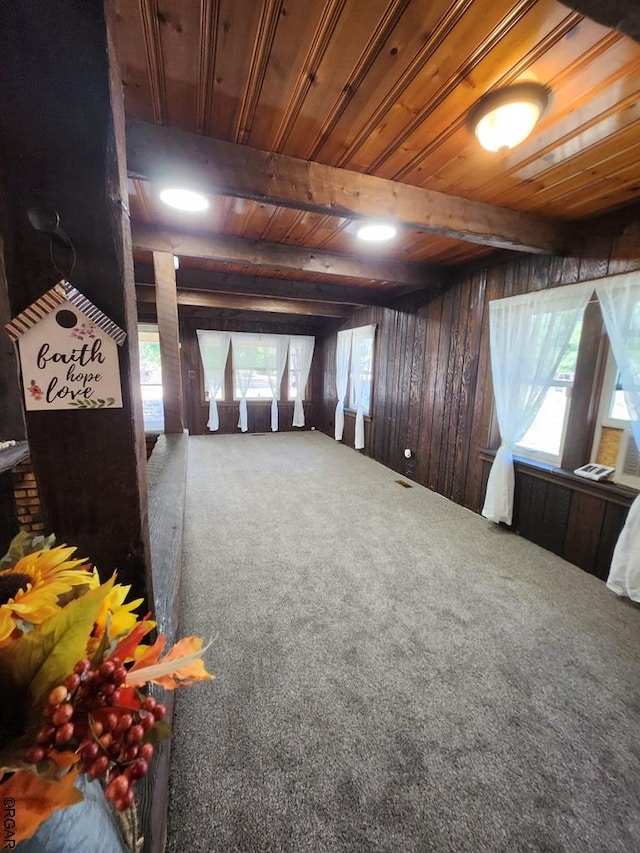 interior space featuring carpet flooring, beam ceiling, wooden ceiling, and wood walls