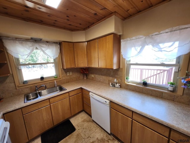 kitchen with sink, range, wooden ceiling, white dishwasher, and decorative backsplash