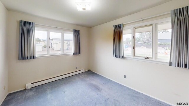 spare room featuring carpet floors and baseboard heating