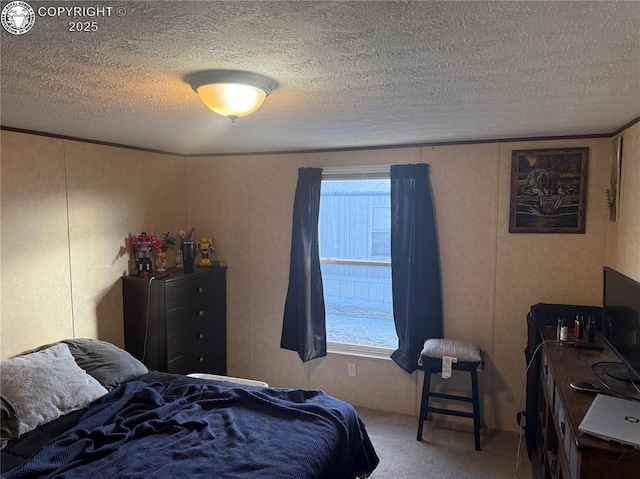 carpeted bedroom featuring multiple windows and a textured ceiling