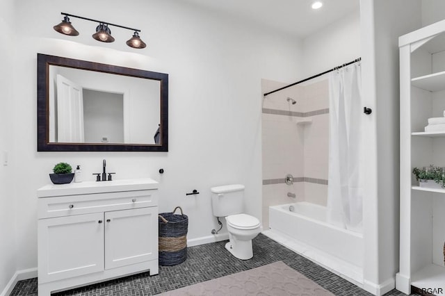 full bathroom featuring vanity, tile patterned floors, shower / bath combination with curtain, and toilet