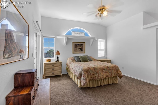 bedroom featuring carpet flooring, baseboards, a ceiling fan, and vaulted ceiling