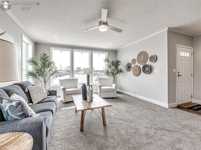 carpeted living room with crown molding, ceiling fan, and a textured ceiling