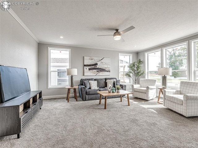 living room featuring ornamental molding, carpet floors, and a textured ceiling