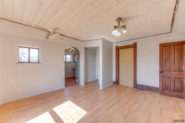 spare room with ceiling fan, light hardwood / wood-style floors, and wooden ceiling