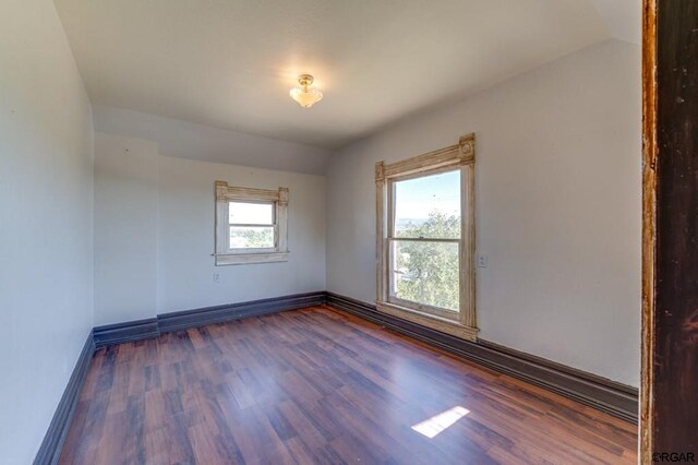 spare room with lofted ceiling and dark wood-type flooring