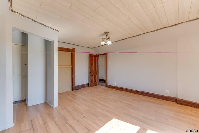 unfurnished bedroom with wood ceiling and light hardwood / wood-style flooring