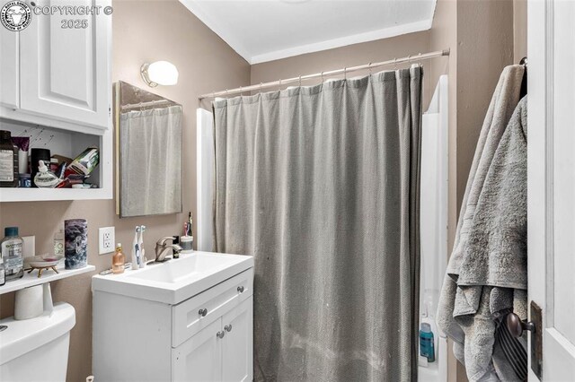 bathroom featuring toilet, vanity, and a shower with curtain