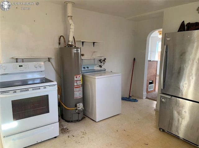 laundry room with laundry area, washer / clothes dryer, arched walkways, and gas water heater