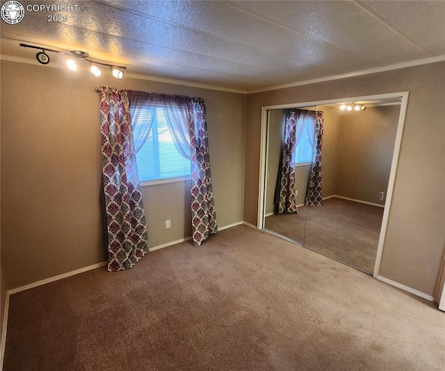 spare room with ornamental molding, carpet flooring, and a textured ceiling