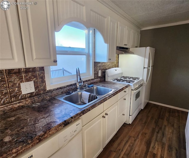 kitchen with crown molding, sink, white cabinets, and white appliances