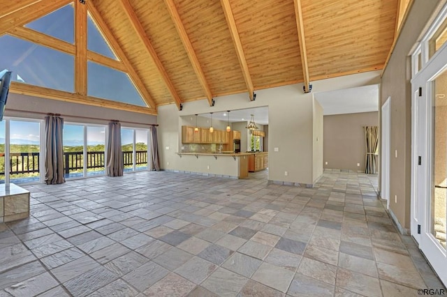 unfurnished living room with beamed ceiling, wooden ceiling, and high vaulted ceiling