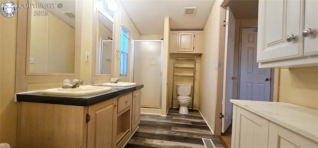 bathroom featuring vanity, hardwood / wood-style floors, a shower with shower door, and toilet