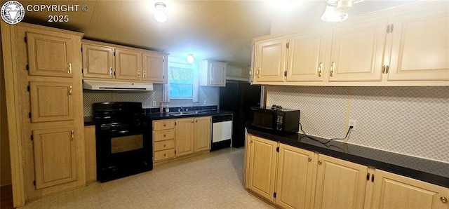 kitchen featuring backsplash, sink, and black appliances