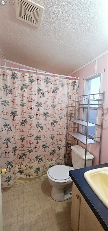 bathroom with ornamental molding, vanity, toilet, and a textured ceiling