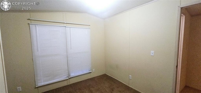 unfurnished room featuring dark carpet and vaulted ceiling