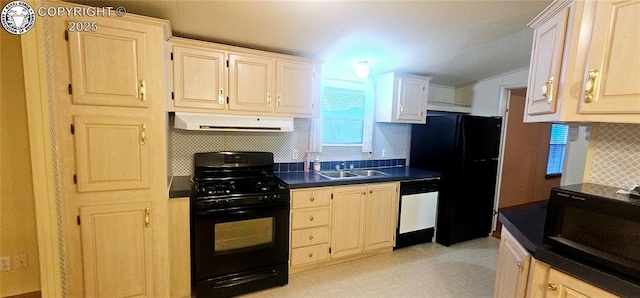 kitchen featuring sink, decorative backsplash, and black appliances