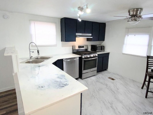 kitchen with appliances with stainless steel finishes, sink, ceiling fan, and plenty of natural light