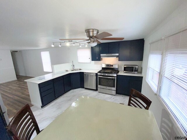 kitchen featuring sink, light wood-type flooring, appliances with stainless steel finishes, kitchen peninsula, and ceiling fan