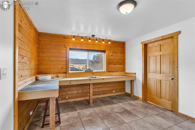 interior space with track lighting and wooden walls