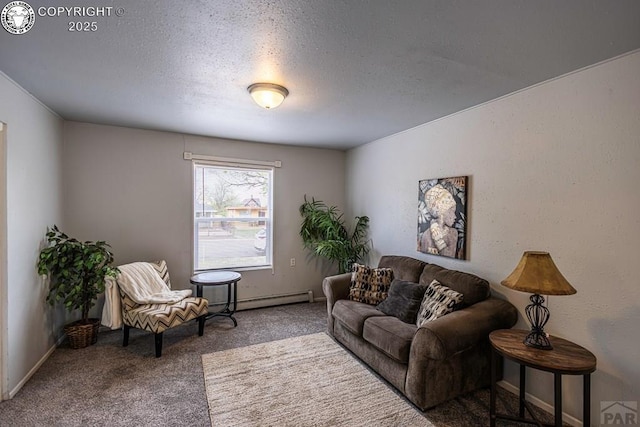 2723 3rd Ave, Pueblo, CO 81003 - living room with a textured ceiling, baseboards, a baseboard radiator, and carpet floors