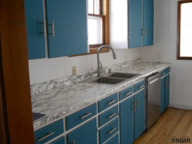 kitchen featuring blue cabinets, sink, stainless steel dishwasher, and light hardwood / wood-style flooring