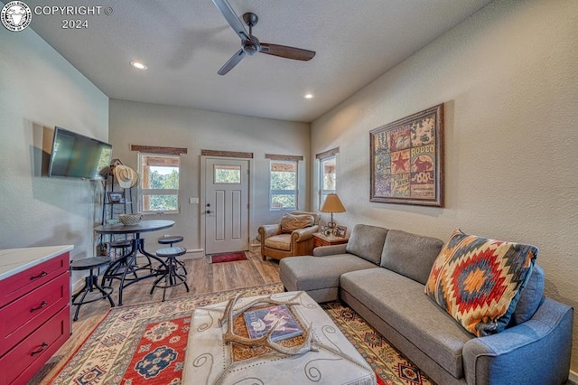 living room with light hardwood / wood-style flooring and ceiling fan