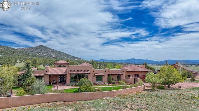 rear view of property with a yard and a mountain view