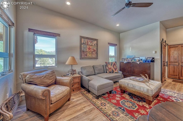 living room featuring ceiling fan and wood-type flooring